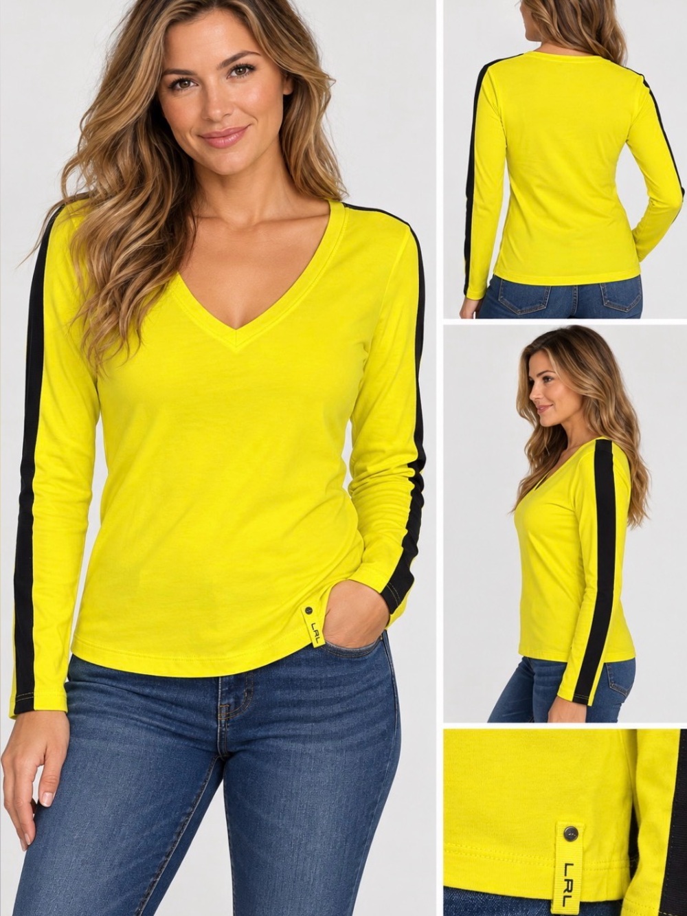 Lauren Ralph Lauren Shirt Womens Large Yellow Black Long Sleeve V Neck Active